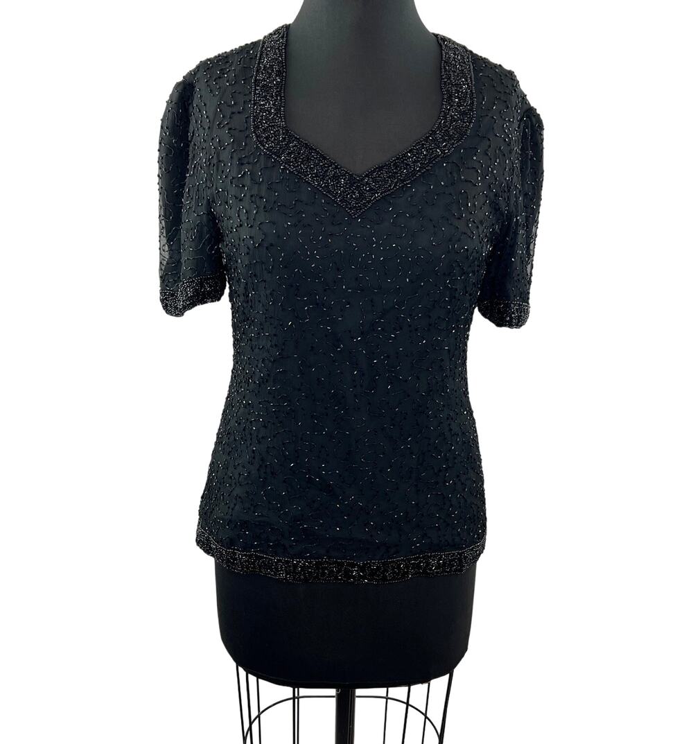 Vintage STENAY Black Beaded Embellished Silk Blouse Party Evening Holiday VTG M